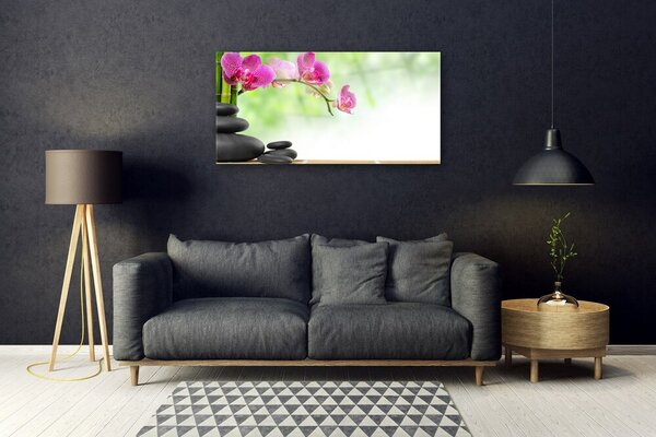 Tablou pe sticla Bamboo Tube flori Stones Arta Verde Rosu Negru