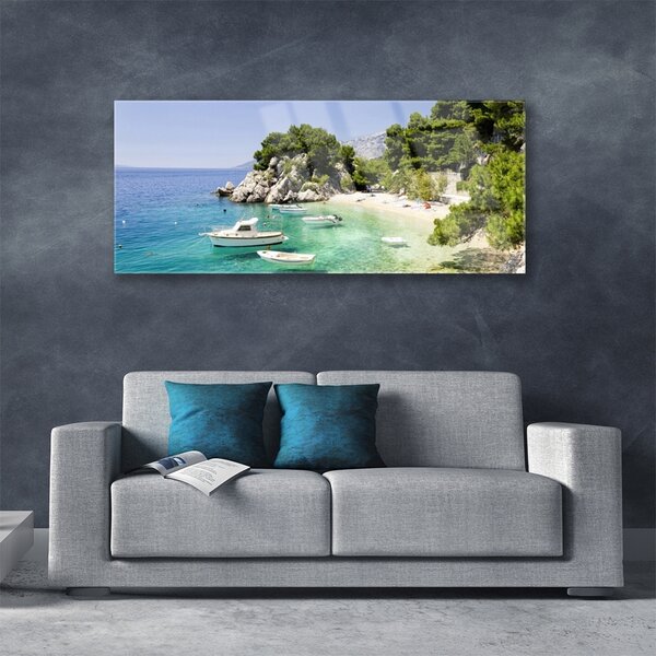 Tablou pe sticla Marea barca Rocks Beach Peisaj Albastru Alb Verde Gri