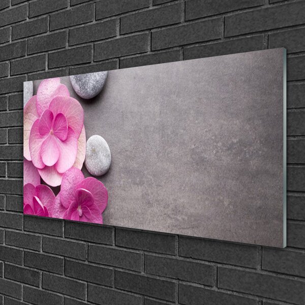 Tablou pe sticla Pietrele florale flori roz gri