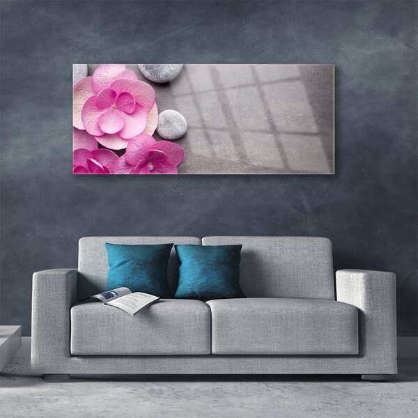 Tablou pe sticla Pietrele florale flori roz gri