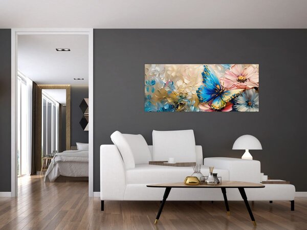 Tablou - Pictura de flori și fluturi (120x50 cm)