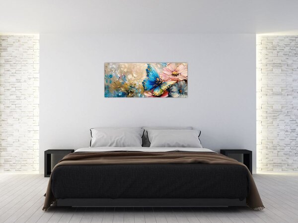 Tablou - Pictura de flori și fluturi (120x50 cm)