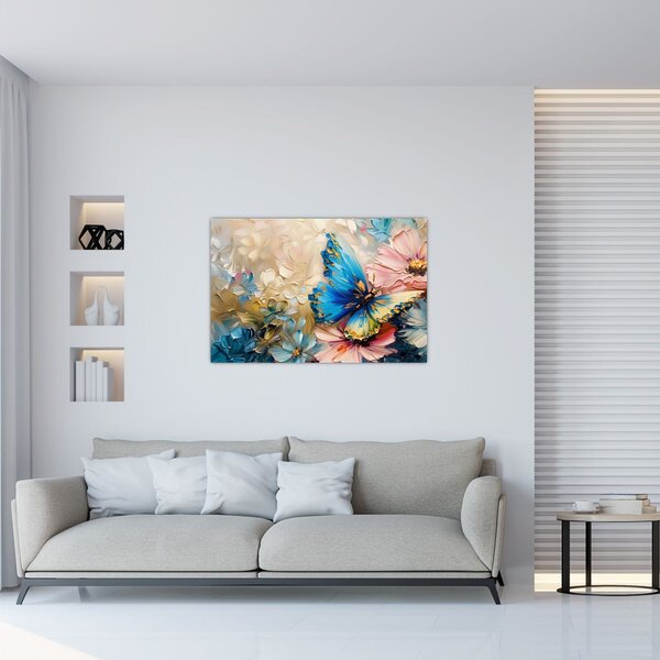 Tablou - Pictura de flori și fluturi (90x60 cm)