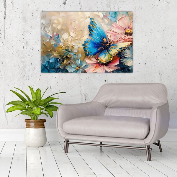 Tablou - Pictura de flori și fluturi (90x60 cm)