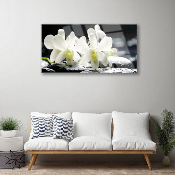 Tablou pe sticla Pietre florale flori alb negru