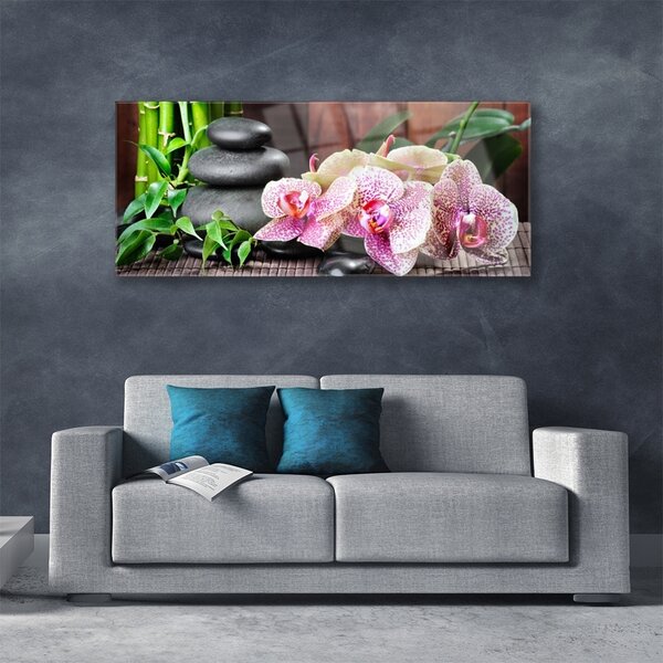 Tablou pe sticla Bamboo pietre Flori Floral Verde Gri Roz