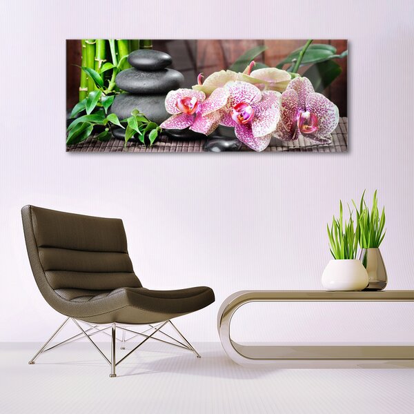 Tablou pe sticla Bamboo pietre Flori Floral Verde Gri Roz