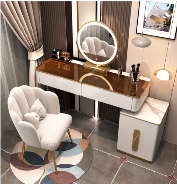 Set Rochelle, Masă de toaletă pentru machiaj cu oglindă iluminată LED, control touch, 4 sertare, comoda, scaun, Alb/Auriu