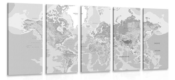 Tablou 5-piese harta lumii clasică în design alb-negru