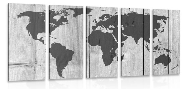 Tablou 5-piese harta în alb-negru pe fundalul de lemn