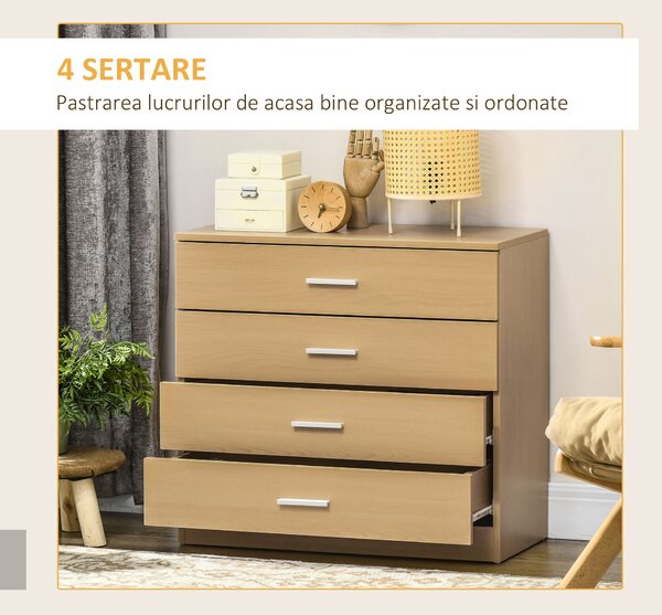 HOMCOM Comodă cu 4 Sertare, Casetieră Versatilă pentru Birou sau Casă, 72x33.5x67 cm, Lemn Natural | Aosom Romania