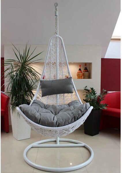 Fotoliu suspendat pentru terasa, 122x82x72 cm, suporta 120 kg, perne si tetiera gri, cadru otel, alb