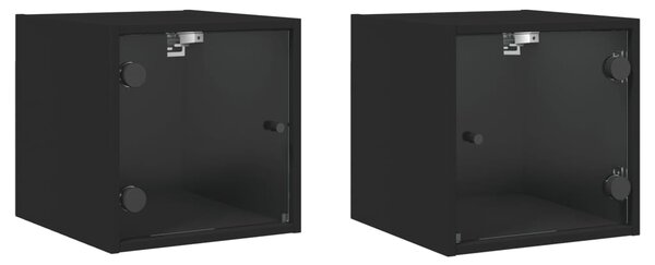 Noptiere cu uși din sticlă, 2 buc., negru, 35x37x35 cm