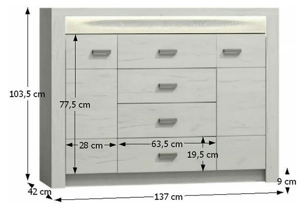 Comoda INFINITY 07, frasin alb, PAL melaminat, 137x42x104 cm