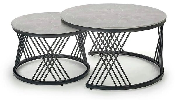 Set 2 masute cafea FLAMINGO, gri cu efect de marmura/negru, ceramica/m