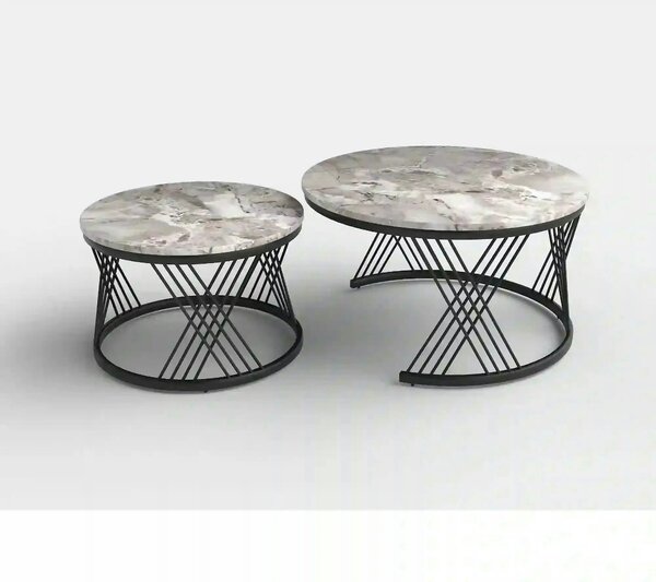 Set 2 masute cafea FLAMINGO, gri cu efect de marmura/negru, ceramica/m