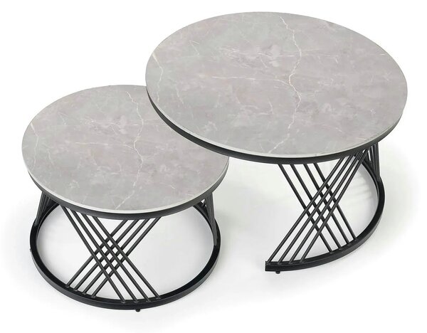 Set 2 masute cafea FLAMINGO, gri cu efect de marmura/negru, ceramica/m