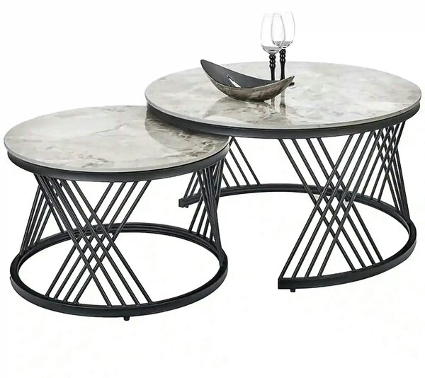 Set 2 masute cafea FLAMINGO, gri cu efect de marmura/negru, ceramica/m
