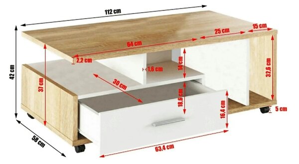 Masuta de cafea DECHEN, stejar sonoma/alb, PAL melaminat, 112x58x42 cm