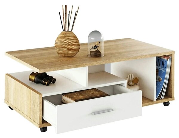 Masuta de cafea DECHEN, stejar sonoma/alb, PAL melaminat, 112x58x42 cm