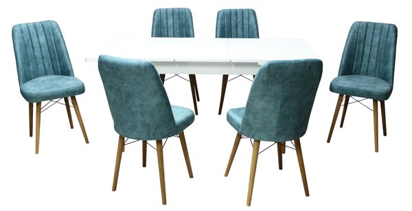 Set masă extensibilă Aris Alb cu 6 scaune Atena Blue