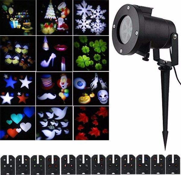 Proiector LED exterior 12W, 15 modele figurine, proiectie rotativa, IP44