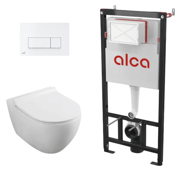 Set complet vas WC suspendat Fluminia, Minerva, Alb, cu rezervor Alca si clapeta alba