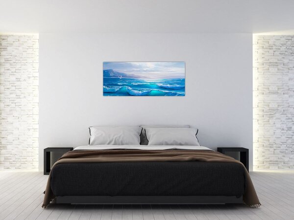 Tablou - Pictură în ulei de mare cu pescăruși (120x50 cm)