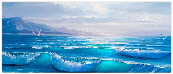 Tablou - Pictură în ulei de mare cu pescăruși (120x50 cm)