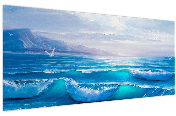 Tablou - Pictură în ulei de mare cu pescăruși (120x50 cm)