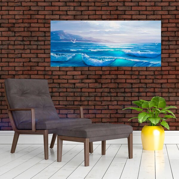 Tablou - Pictură în ulei de mare cu pescăruși (120x50 cm)