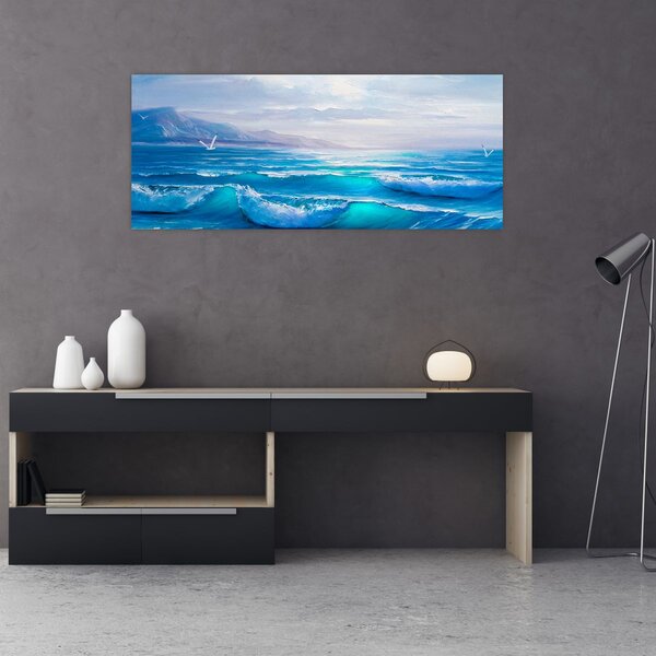 Tablou - Pictură în ulei de mare cu pescăruși (120x50 cm)
