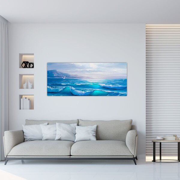Tablou - Pictură în ulei de mare cu pescăruși (120x50 cm)