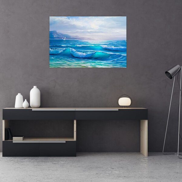 Tablou - Pictură în ulei de mare cu pescăruși (90x60 cm)