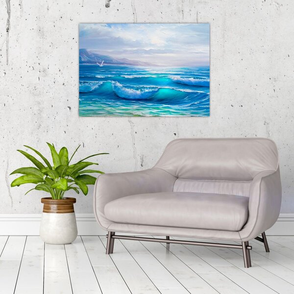 Tablou - Pictură în ulei de mare cu pescăruși (70x50 cm)