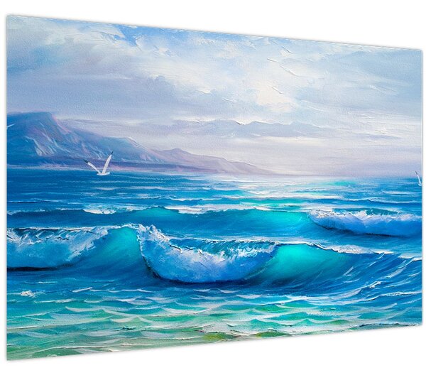 Tablou - Pictură în ulei de mare cu pescăruși (90x60 cm)