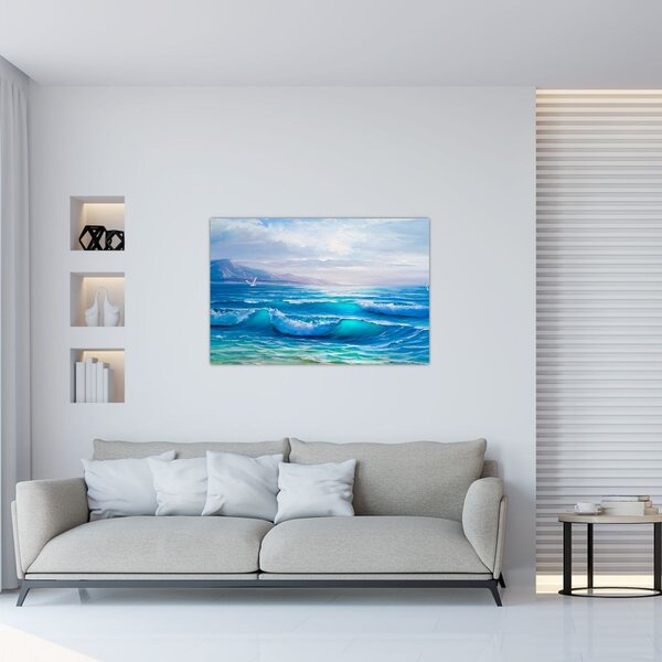 Tablou - Pictură în ulei de mare cu pescăruși (90x60 cm)