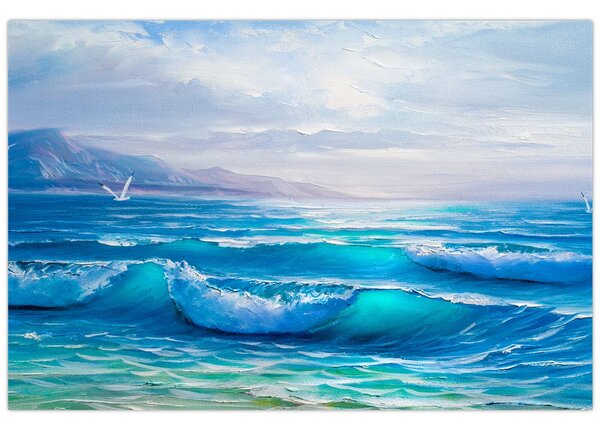 Tablou - Pictură în ulei de mare cu pescăruși (90x60 cm)