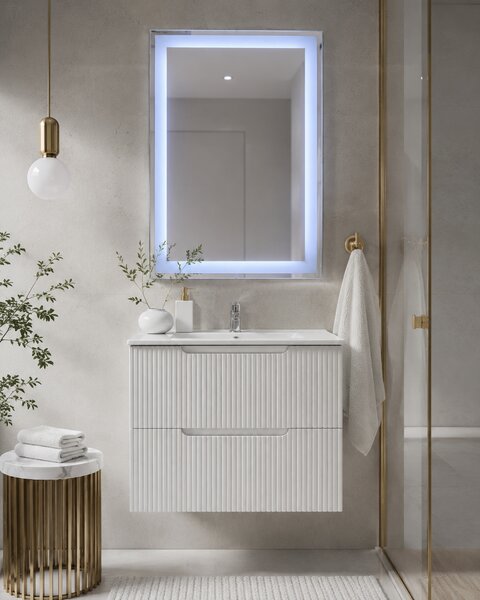 Set Mobilier Baie Suspendat 60 cm Riflat – Bianco (Alb) SET MOBILIER CU OGLINDA LED FARA DEZABURIRE