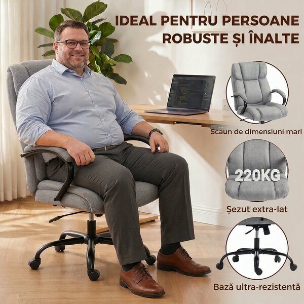 Vinsetto Scaun de birou ergonomic din material tip in, 220 kg, rotativ, reglabil pe înălțime, gri deschis | Aosom Romania