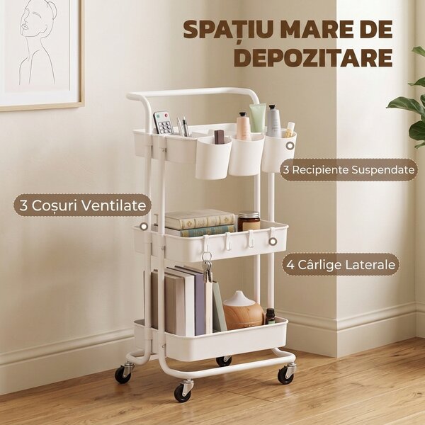 HOMCOM Cărucior de Bucătărie Multifuncțional cu 3 Nivele, Coșuri și Cârlige Detașabile, 42x38x86.5 cm, Negru | Aosom Romania