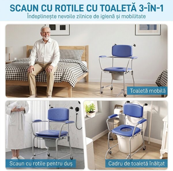 HOMCOM Scaun WC Mobil cu Roți 3 în 1, PU Oțel Inoxidabil, Albastru | Aosom Romania