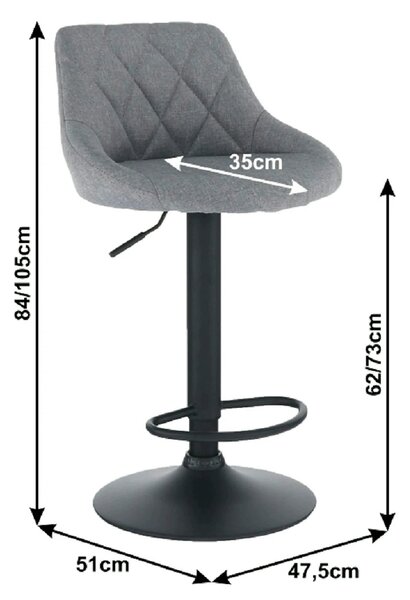 Scaun bar TERKAN, gri/negru, stofa clasica/otel, 48x51x84/105 cm
