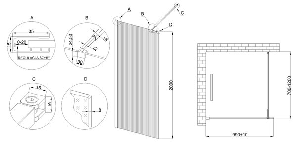 Invena perete cabină de duș walk-in 100 cm crom semi lucios/sticlă cu model AK-32-109