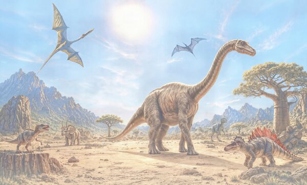 Fototapet Grup de dinozauri într-un deșert, Fototapet dinozauri, Fototapet populare, t00895 - Tapeko.ro