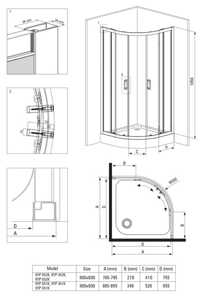 Deante Funkia cabină cu cădiță 90x90 cm semicircular crom luciu/sticlă transparentă KYPZ051K