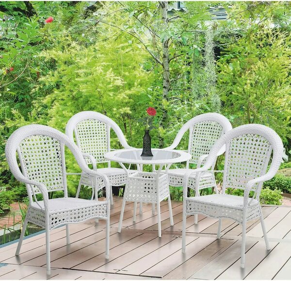 Set gradina KOVEN, alb, ratan sintetic/sticla temperata/otel, cu masut