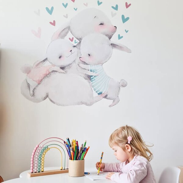 INSPIO-Autocolant textil - Autocolant pentru perete acuarelă - Familie de iepurași cu inimioare