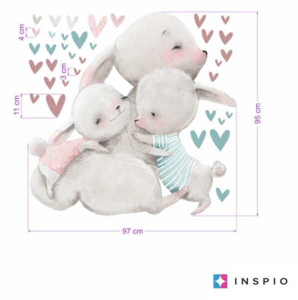 INSPIO-Autocolant textil - Autocolant pentru perete acuarelă - Familie de iepurași cu inimioare