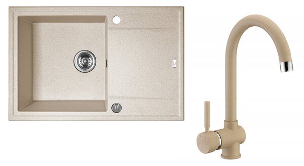 Laveo Megalo, chiuveta granit cu 1 camera 780x500x185 mm + robinet chiuveta BKZ_468, bej, LAV-SBEA411T